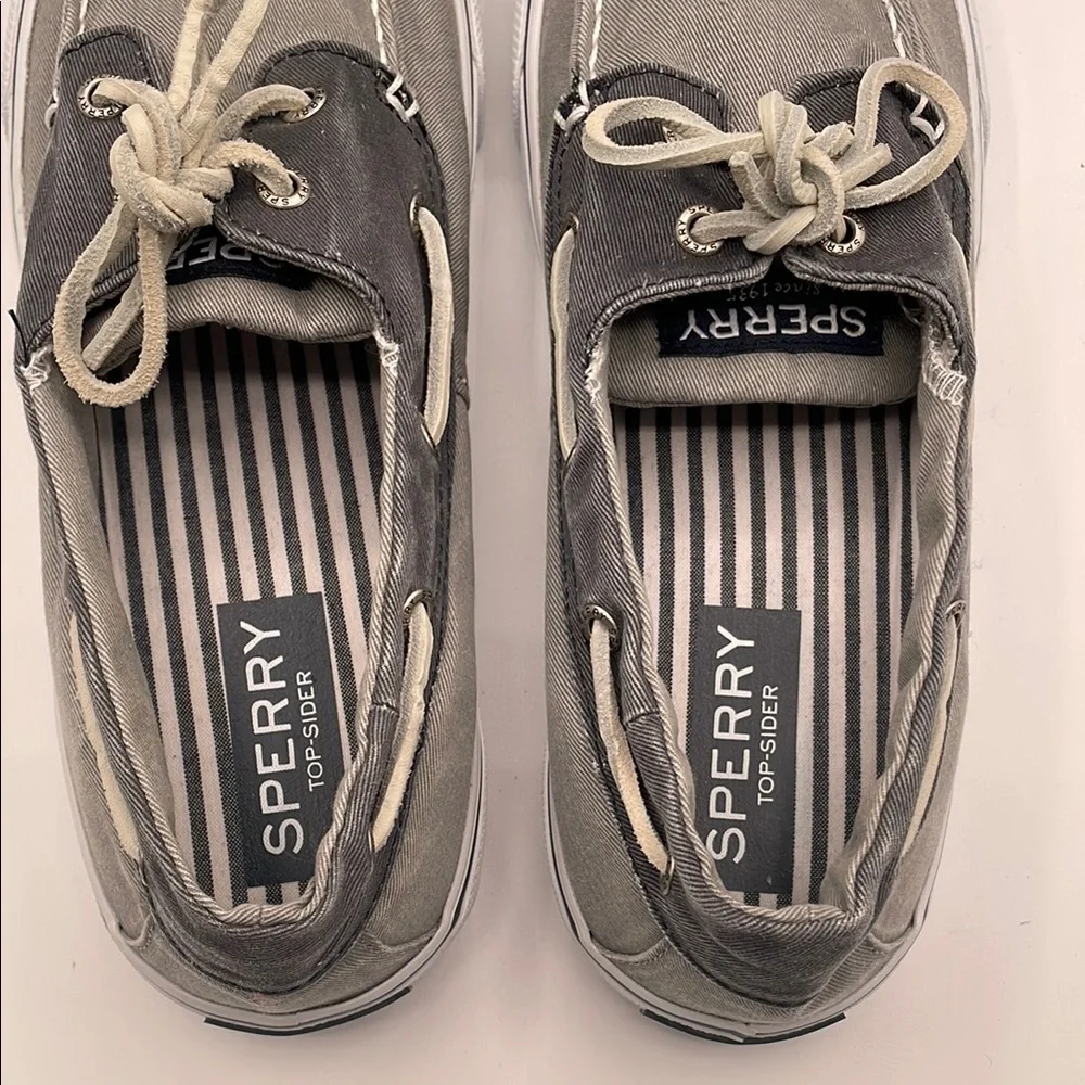 Sperry Top Sider Bahama Men's Grey Canvas Boat Shoes Moccasins Tie Size 10 EUC